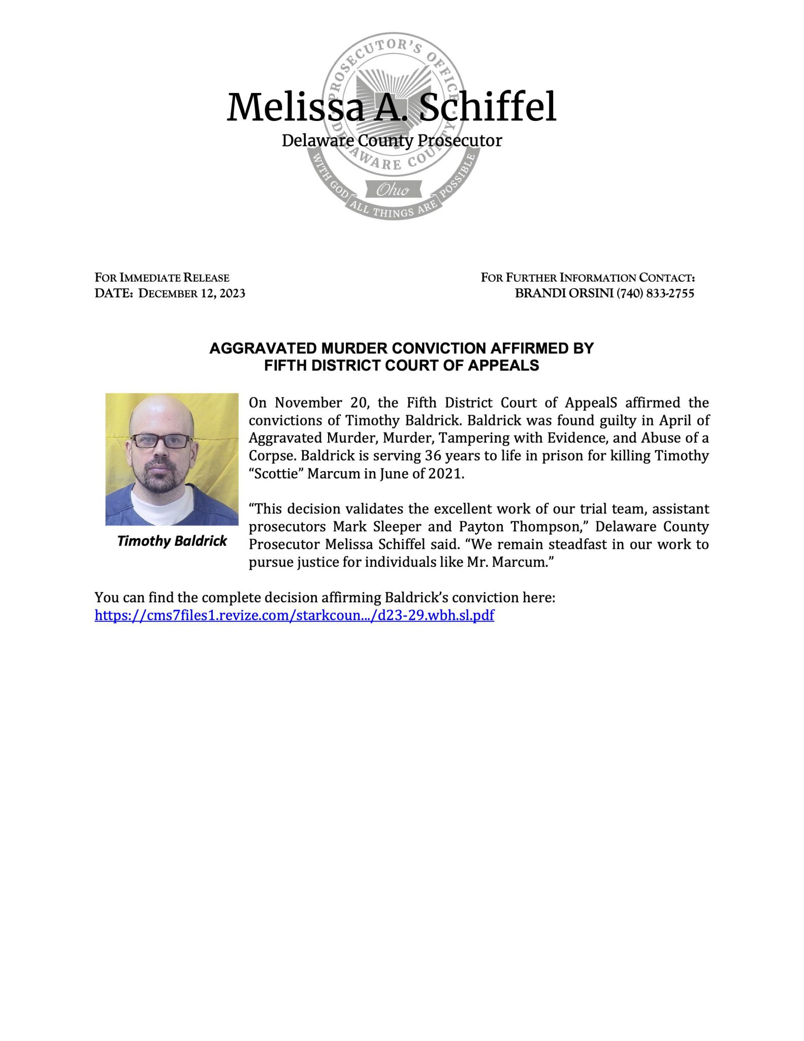 AGGRAVATED MURDER CONVICTION AFFIRMED BY FIFTH DISTRICT COURT OF ...